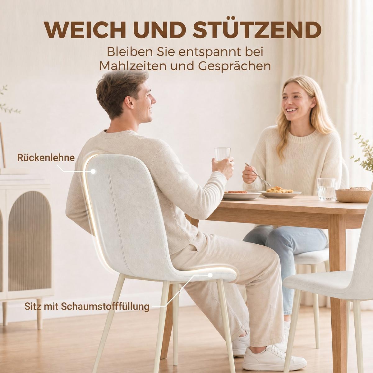 ESSZIMMERSTÜHLE Stoff in Leinenoptik Weiß - Creme, Textil/Metall (57/85/42cm) - HOMCOM