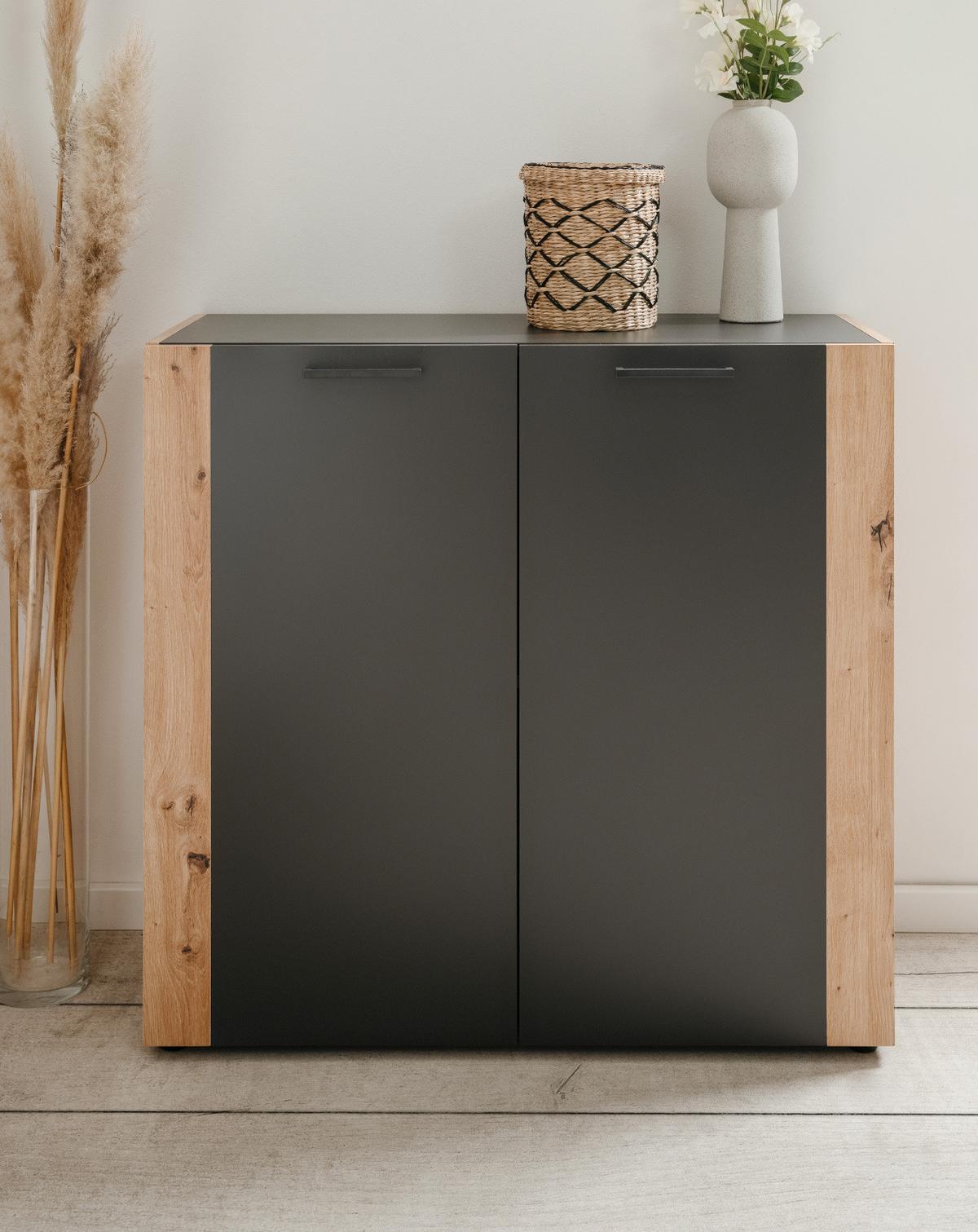 KOMMODE grau, Artisan Eiche 89 x 85 cm, Sideboard 2-türig - Anthrazit/Schwarz, Holzwerkstoff/Kunststoff (89/85/34.5cm) - Furn.Design