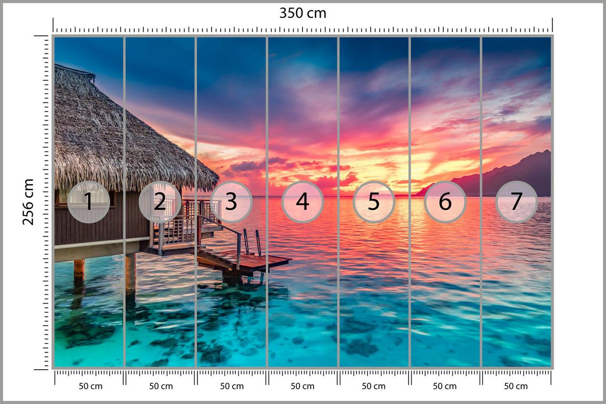 FOTOTAPETE für Wohnzimmer Sonnenuntergang Ozean Holzhütte 350x256 - Türkis/Blau, Papier (350/256cm) - Muralo