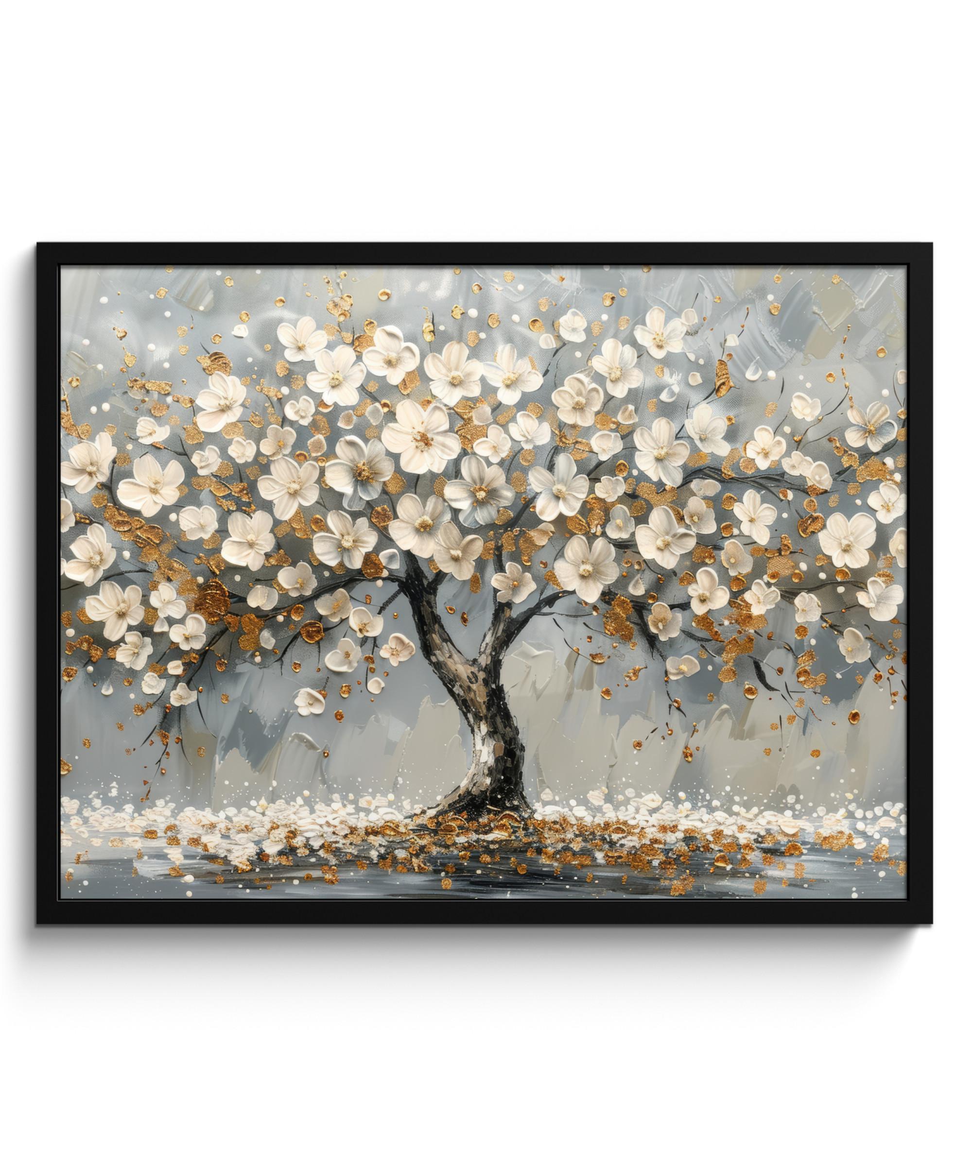POSTER MIT RAHMEN Baum - Blumen - Weiß - Natur - Kunst 80x60 cm - Weiß, Papier (80/60cm) - MuchoWow