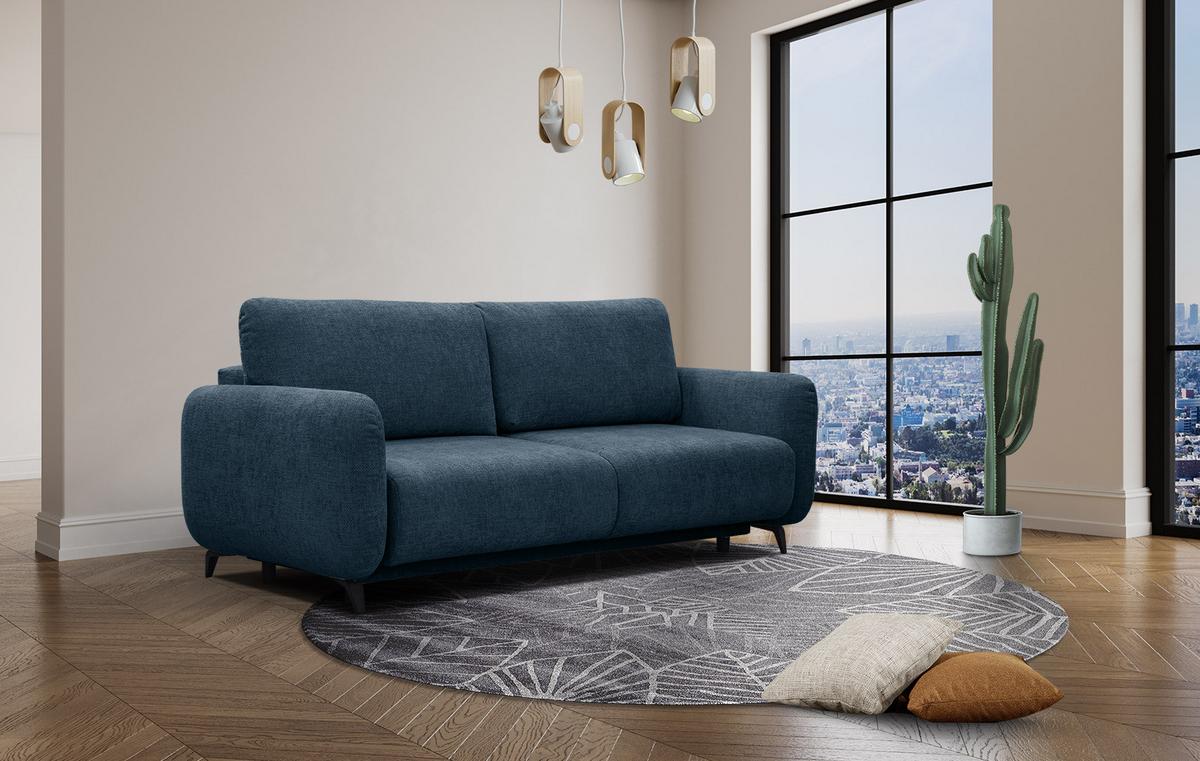 SOFA DRAKE 3-Sitzer mit Schlaffunktion, dunkelblau - Dunkelblau/Braun, Holz/Textil (232/90/107cm) - Wozimo