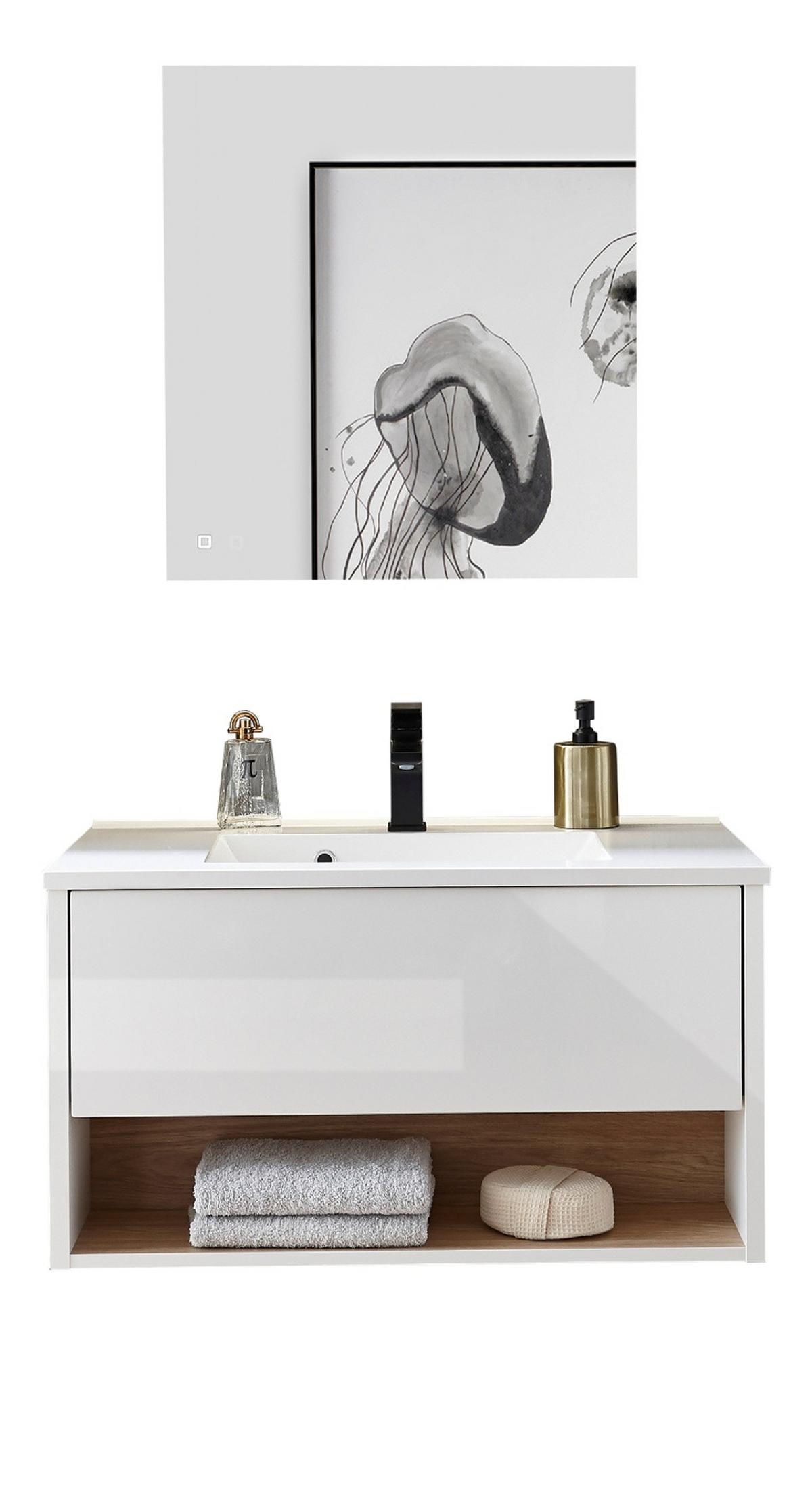 BADMÖBEL-SET weiß Hochglanz, Eiche 80 cm, Komplettset mit Waschbecken und LED Beleuchtung - Weiß Hochglanz/Eichefarben, Glas/Holzwerkstoff (80/190/47cm) - Furn.Design