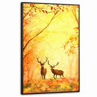 LEINWAND Bilder mit Rahmen - Natur - Ölfarbe - Hirsche - Tiere - Herbst - Orange - 90x140 - Orange, Textil (90/140cm) - MuchoWow