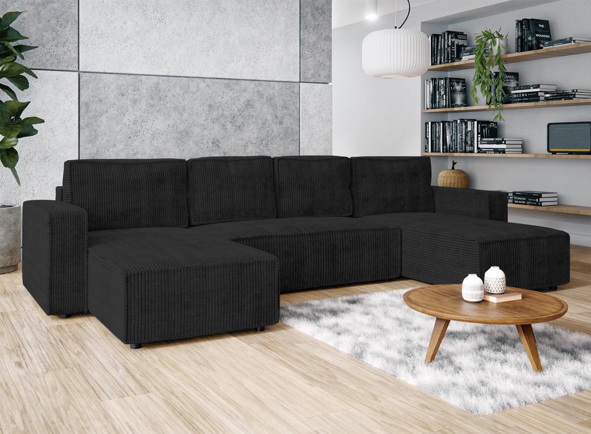 WOHNLANDSCHAFT Aydin U Form Dunkelgrau 338/169/85 cm Cord mit Schlaffunktion - Dunkelgrau/Schwarz, Kunststoff/Textil (338/85/169cm) - AX Living