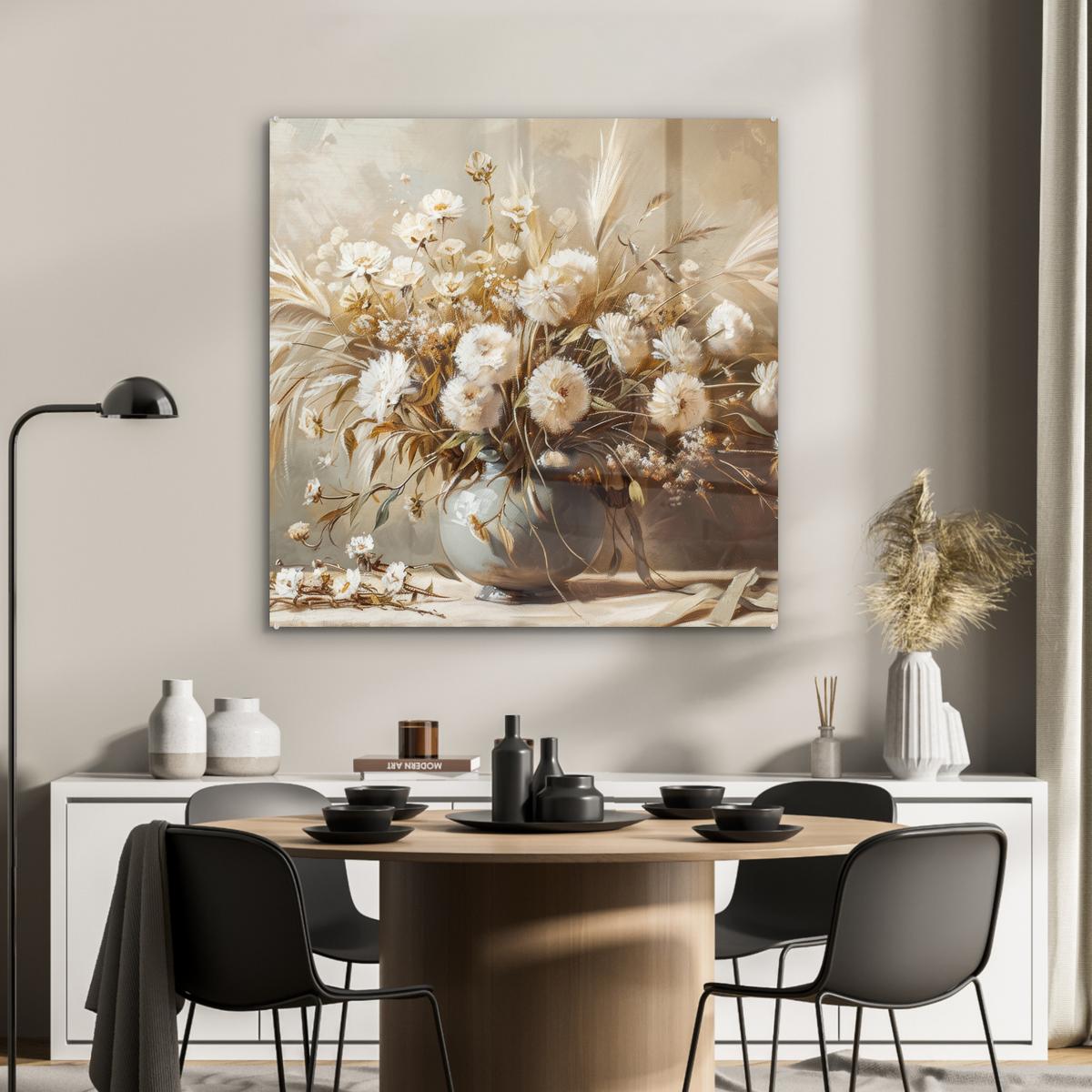 ACRYLGLASBILD Blumen - Vase - Stilleben - Beige 90x90 cm - Creme, Glas (90/90cm) - MuchoWow