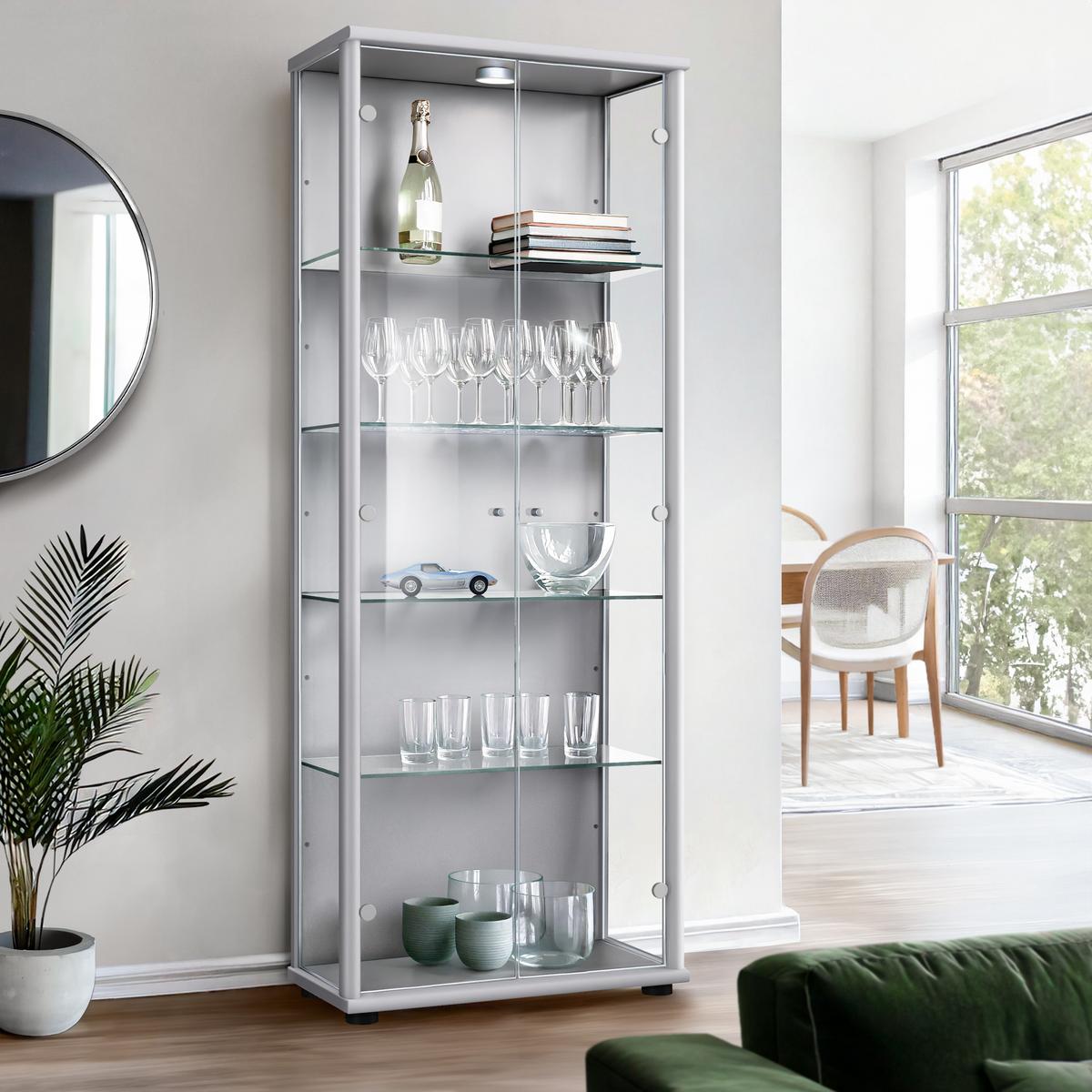 VITRINE 33/67/176 cm mit LED & 4 höhenverstellbaren Glasböden - Transparent/Silberfarben, Glas/Holzwerkstoff (67/176/33cm) - K-Möbel