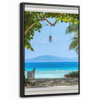 LEINWAND Bilder mit Rahmen - Aussicht - Baum - Meer - Palme - Hügel - Strand - Blau - 40x60 - Blau, Textil (40/60cm) - MuchoWow