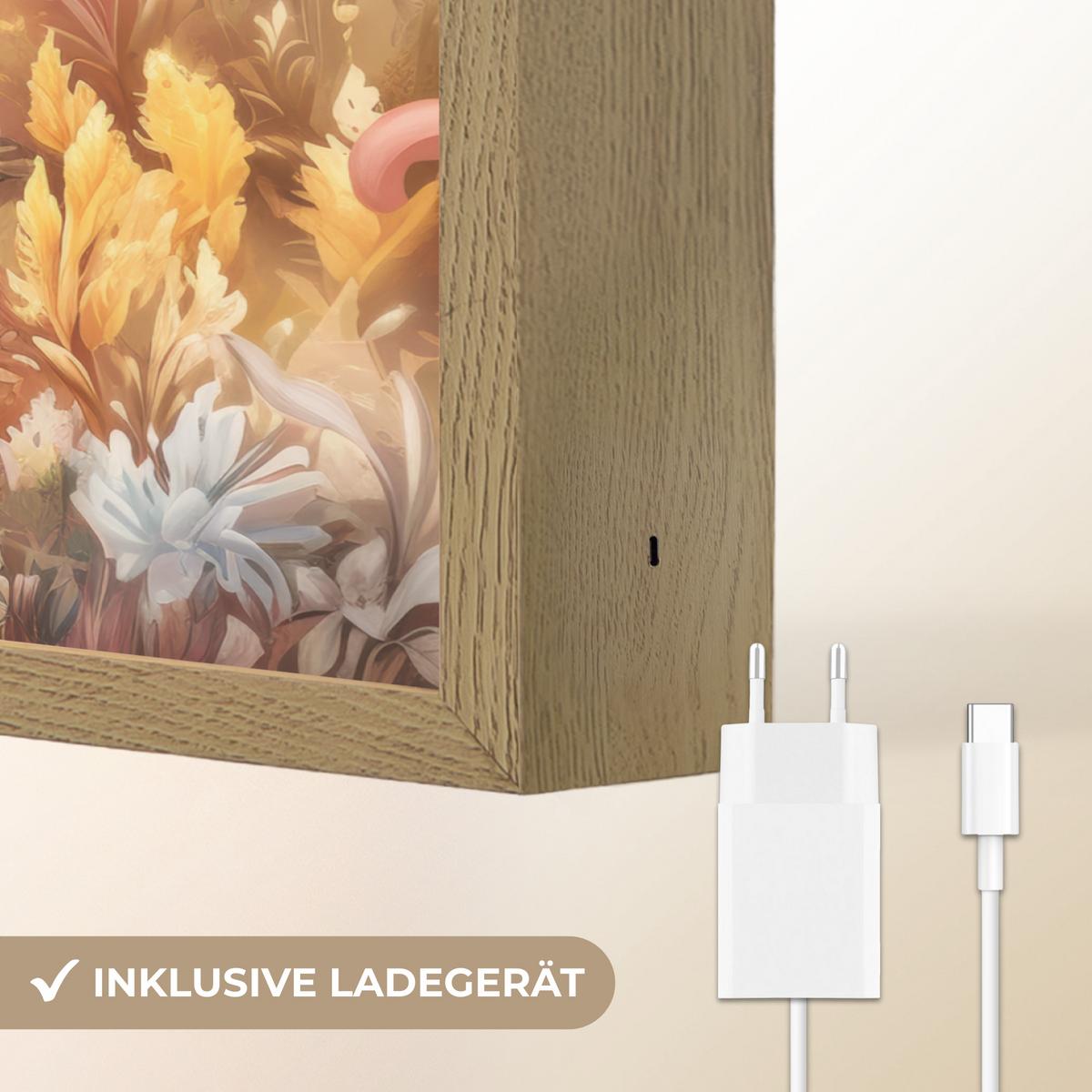 WANDLEUCHTE MIT AKKU Einhorn - Blumen - Schmetterling - Rosa 40x30 cm - Beige, Holzwerkstoff (40/30/8cm) - OnlyWow