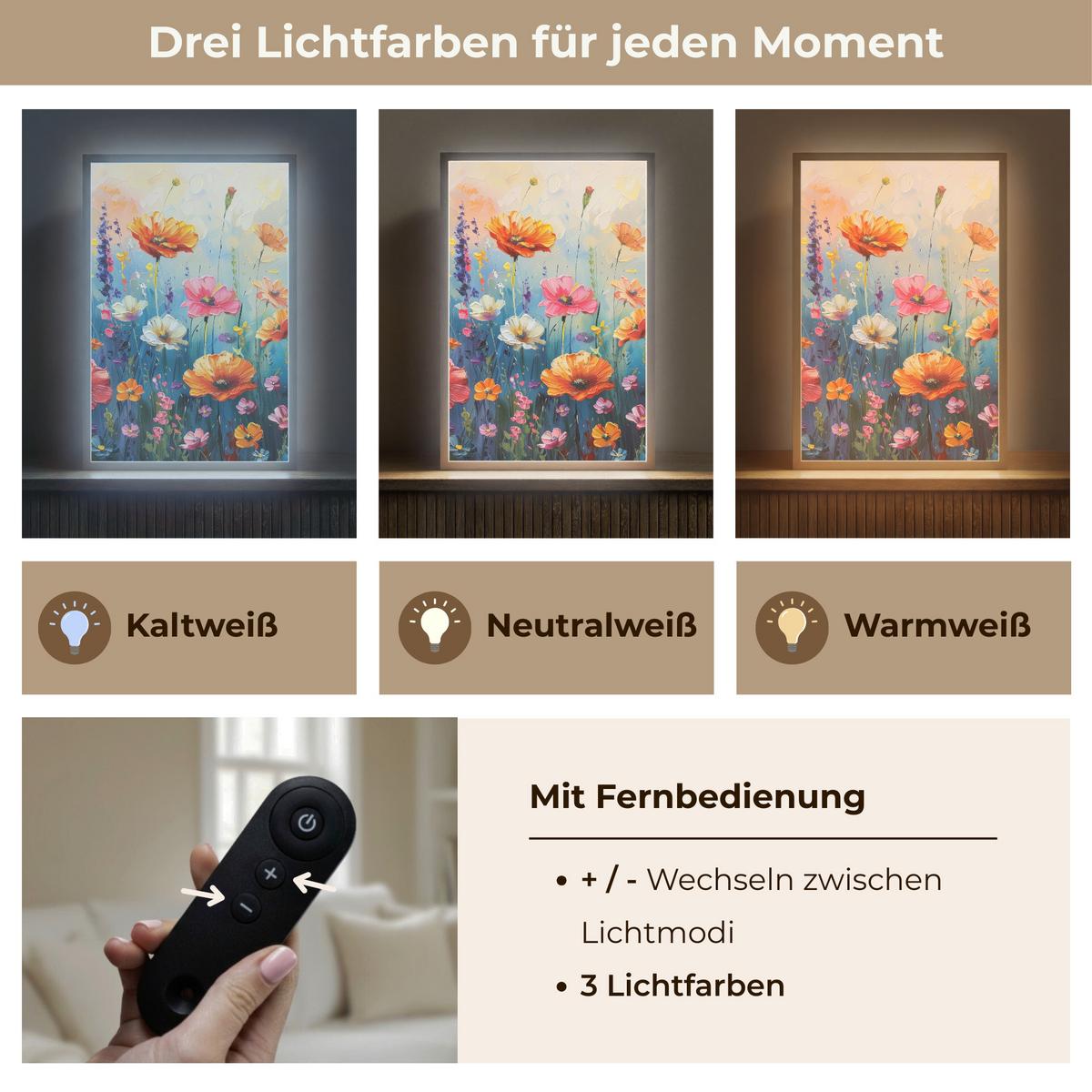WANDLEUCHTE MIT AKKU Blumen - Natur - Aquarell - Kunst 40x60 cm - Multicolor, Holzwerkstoff (40/60/8cm) - OnlyWow