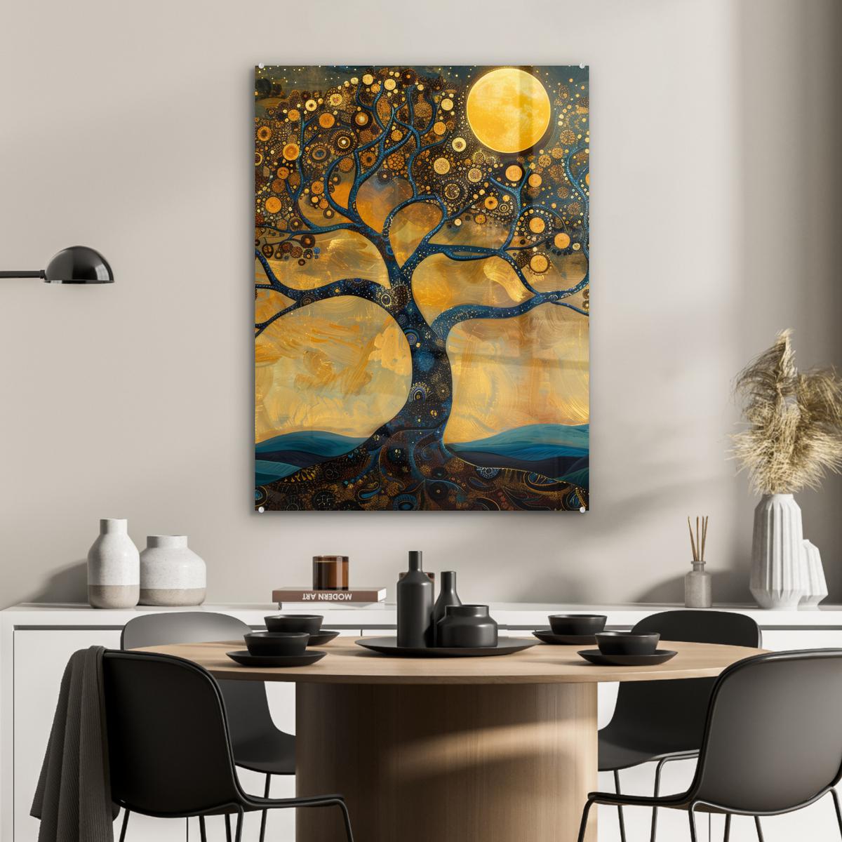 ACRYLGLASBILD Baum - Mond - Blumen - Gold - Kunst 60x80 cm - Orange, Glas (60/80cm) - MuchoWow