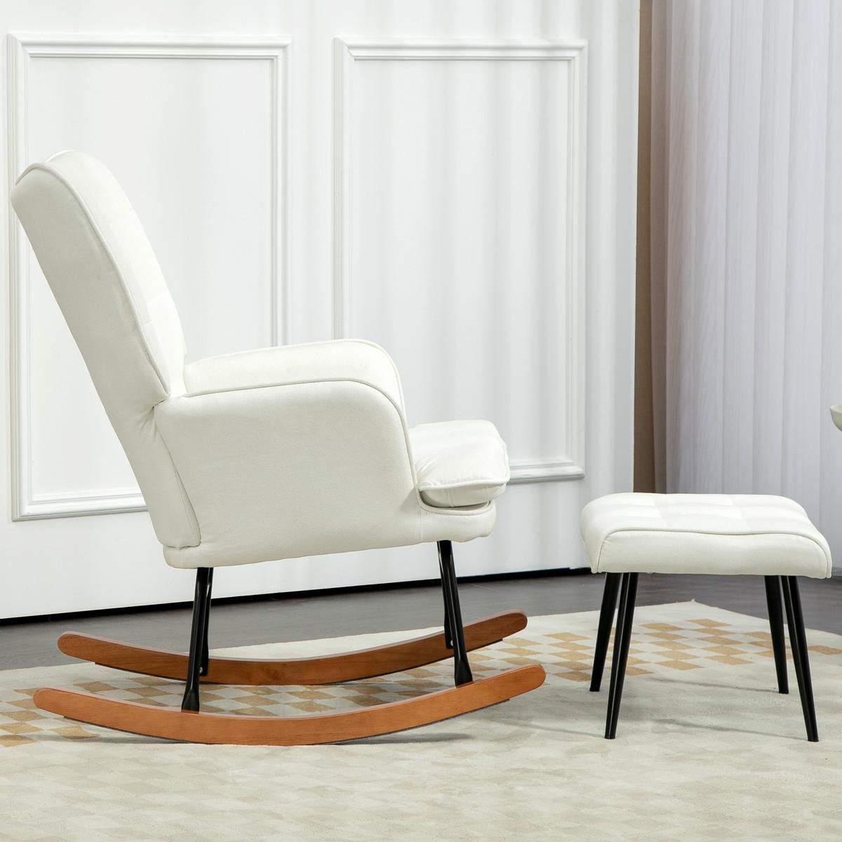 SCHAUKELSTUHL Schwingsessel mit Hocker Armlehnsessel Relaxsessel mit Leinenoptik - Creme/Schwarz, Holz/Buchenholz (89/90/64cm) - HOMCOM