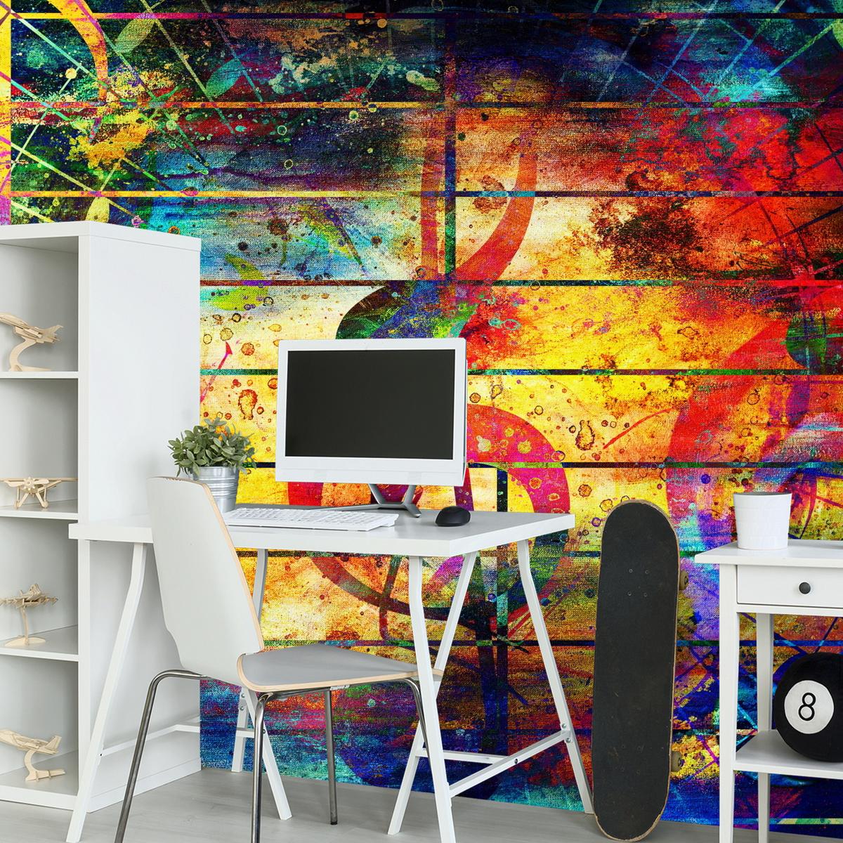 FOTOTAPETE für Jugendzimmer Bunte Abstrakte MUSIC Graffiti NOTEN 300x210 - Türkis/Gelb, Papier (300/210cm) - Muralo