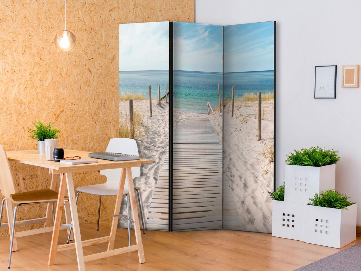 PARAVENT Beidseitig Bedruckter 3-tlg 135x172 cm Meer Strand und D nen - Multicolor, Holz/Textil (135/172/3cm) - Muralo