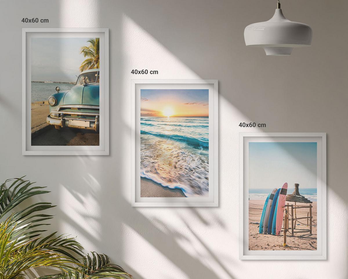 BILDER SET 3er Set - 40x60 cm Weißer Rahmen - Sonnenuntergangsurlaub in Miami - Weiß, Kunststoff (40/60cm) - TULUP
