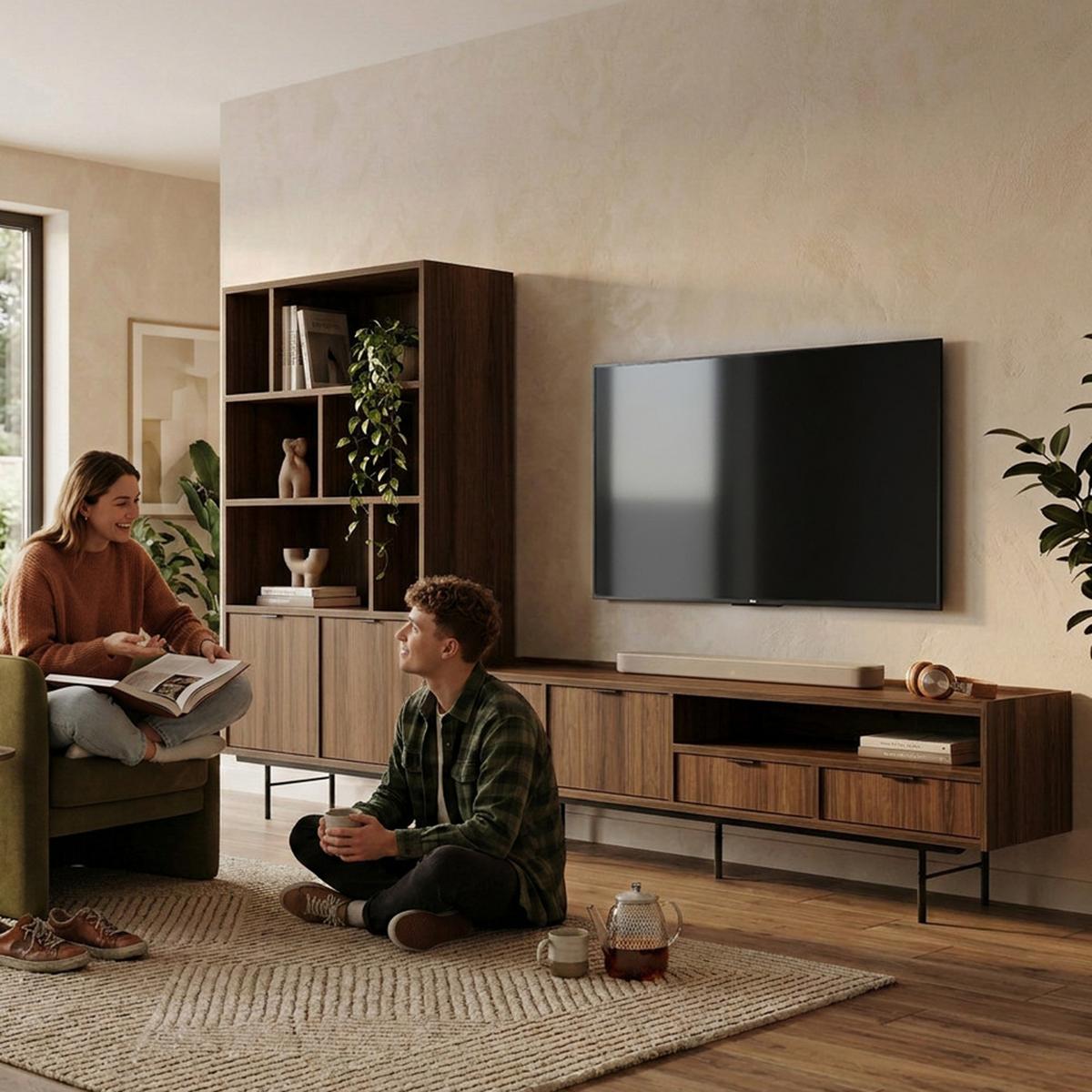 WOHNWAND Evron 2-teilig Bücherregal 90 cm + TV-Board 200 cm, Walnuss - Walnussfarben/Schwarz, Holzwerkstoff/Metall (200/185/35cm) - Beautysofa