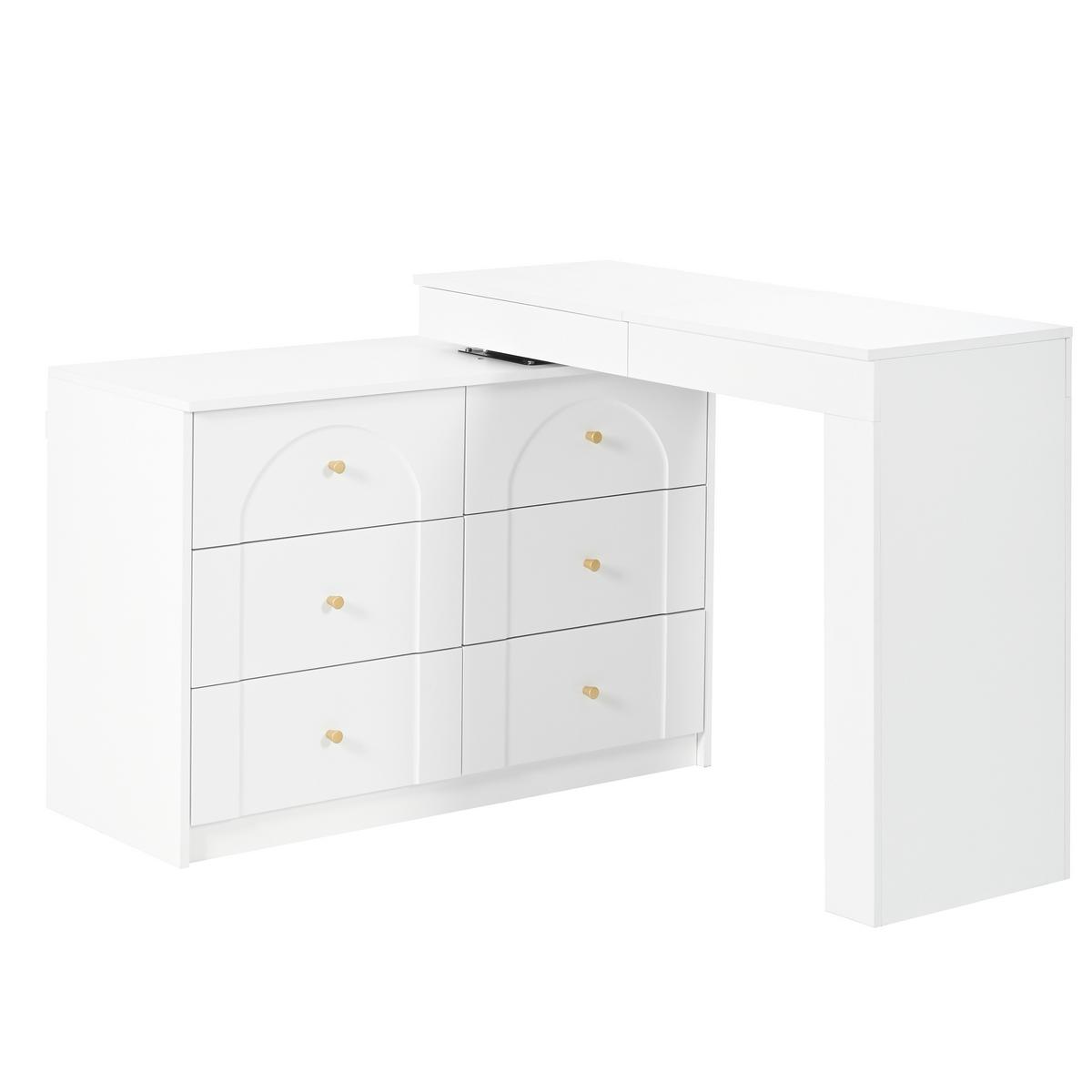 SCHMINKTISCH 2-in-1 Schreibtisch (drehbar) in Weiß mit LED-Spiegel & 7 Schubladen - Weiß, Holzwerkstoff (105/80/40cm) - Urban Meuble