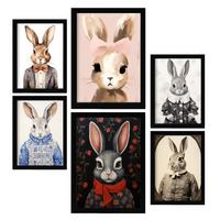 POSTER Set Mit 6 Kaninchen Und Hasen A3 & A4 Schwarzer Rahmen - Schwarz, Papier (29/3cm) - Nacnic