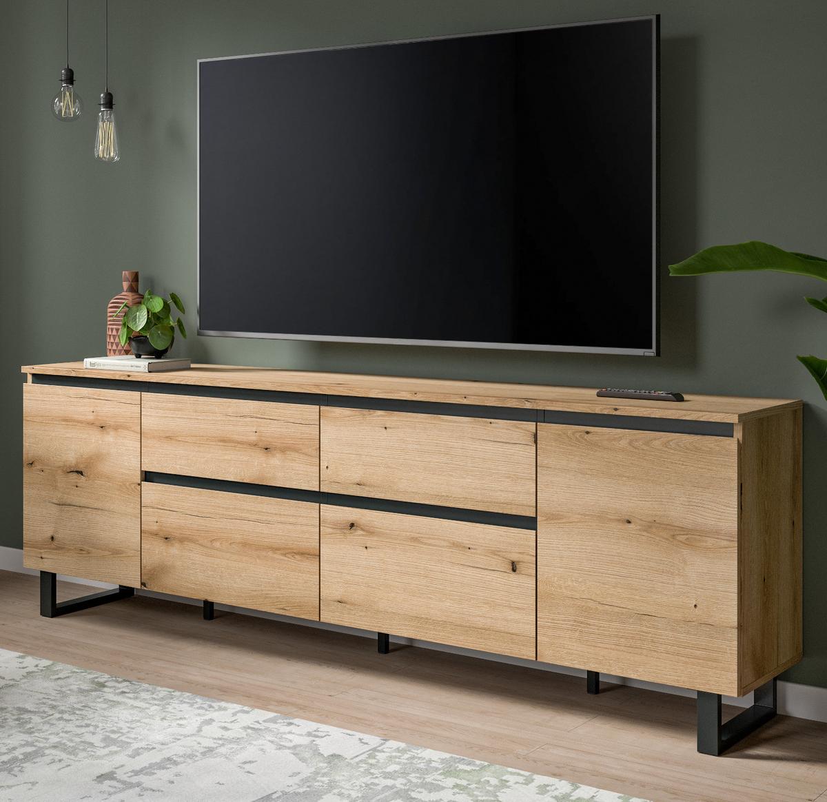 TV-LOWBOARD Evoke Eiche, schwarz, TV Unterschrank 188 x 65 cm, Soft-Close und Komforthöhe - Eichefarben/Schwarz, Holzwerkstoff/Metall (188/65/36cm) - Inn.Furn