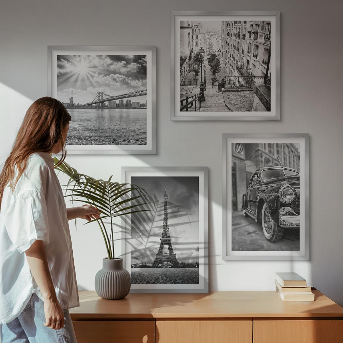 BILDER SET 4er Set - 50x50 cm & 40x60 cm Silberner Rahmen - Stadtansichten, Brücken, Eiffelturm, Auto - Silberfarben, Kunststoff (50/50cm) - TULUP