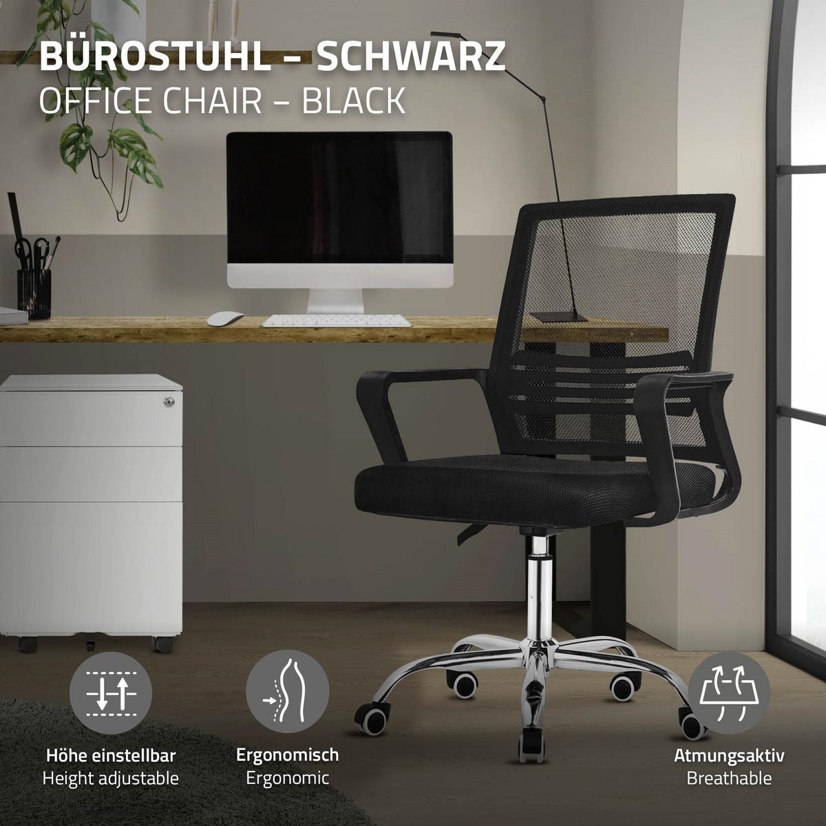 BÜROSTUHL ergonomisch Schwarz mit Netz-Rückenlehne und Stahlgestell - Chromfarben/Schwarz, Kunststoff/Textil (59/100/58cm) - ML-DESIGN