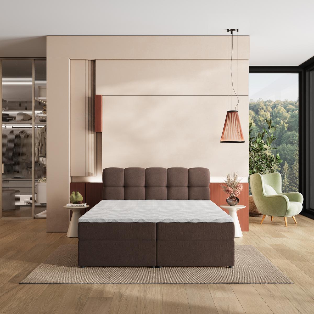 BOXBETT MERU 200x200 cm mit Matratze und Topper, H2+H3 - Braun - Braun, Holz (200/200cm) - MASSENO
