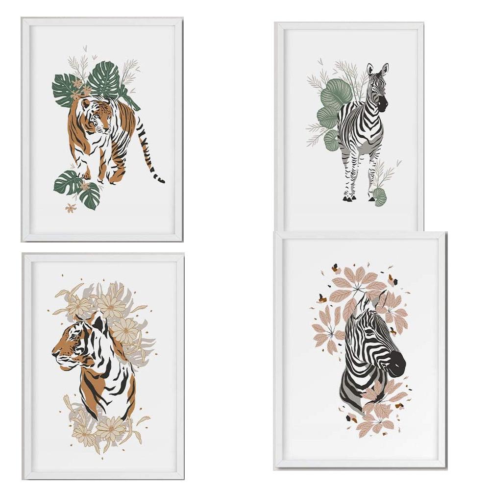POSTER Set mit 4 Tiger ZebraKlinge, Blumen und Pflanzen aus dem Dschungel A4 Schwarzer Rahmen - Schwarz, Papier (29.7/3cm) - Nacnic