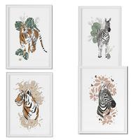 POSTER Set mit 4 Tiger ZebraKlinge, Blumen und Pflanzen aus dem Dschungel A4 Schwarzer Rahmen - Schwarz, Papier (29.7/3cm) - Nacnic
