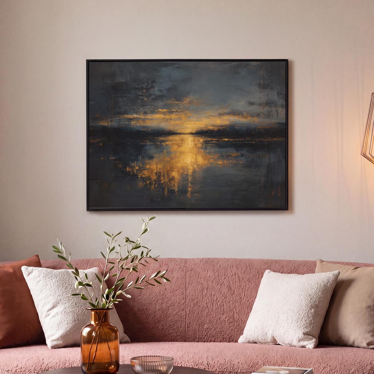 LEINWAND Bilder mit Rahmen - Goldene Reflexion auf dem Wasser - 70x50 - Anthrazit, Textil (70/50cm) - MuchoWow