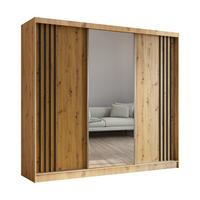 KLEIDERSCHRANK mit Spiegel-Schiebetüren und Aluminium-Leisten, LED-Beleuchtung - NALLA - 240 cm Artisan+Artisan+Schwarz - Schwarz/Eiche Artisan, Holzwerkstoff (240/216/61cm) - ALTDECOR