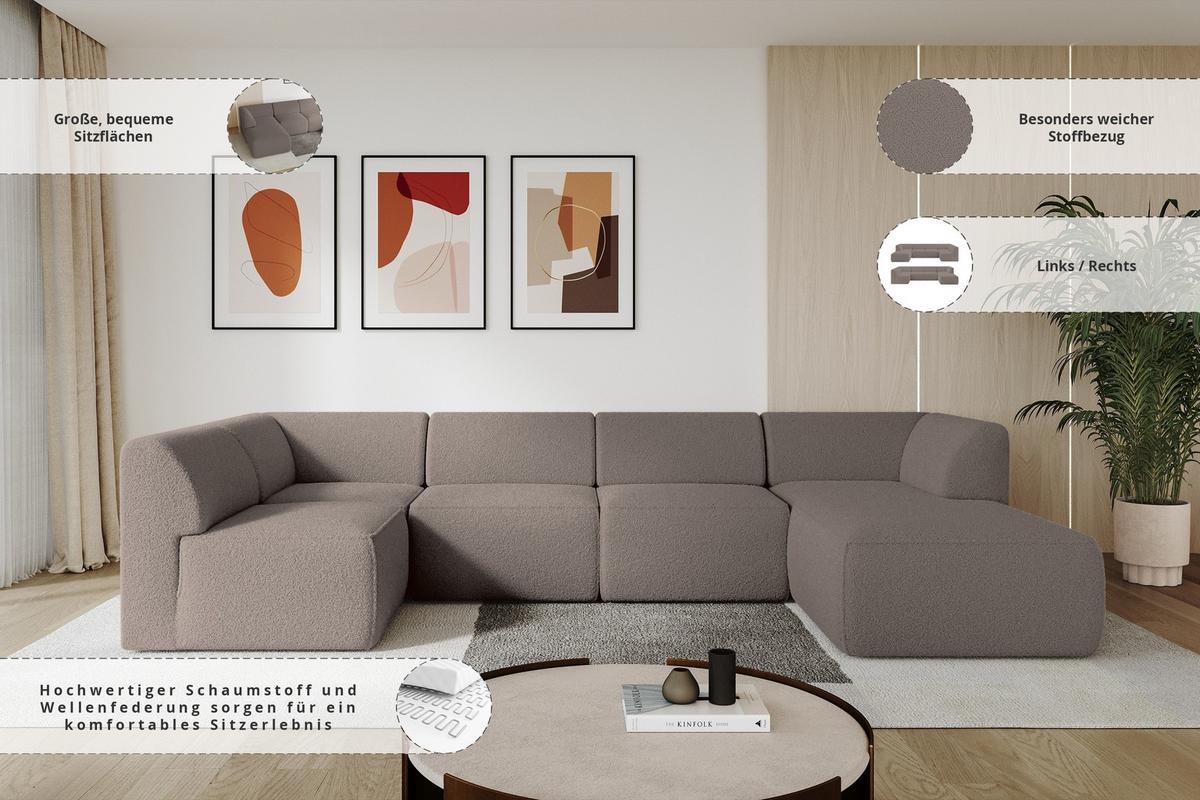 WOHNLANDSCHAFT Ottomane Rechts MOVO-L 345x180x78 cm Braun Bouclé - Braun, Holzwerkstoff/Kunststoff (180/78/345cm) - ALTDECOR