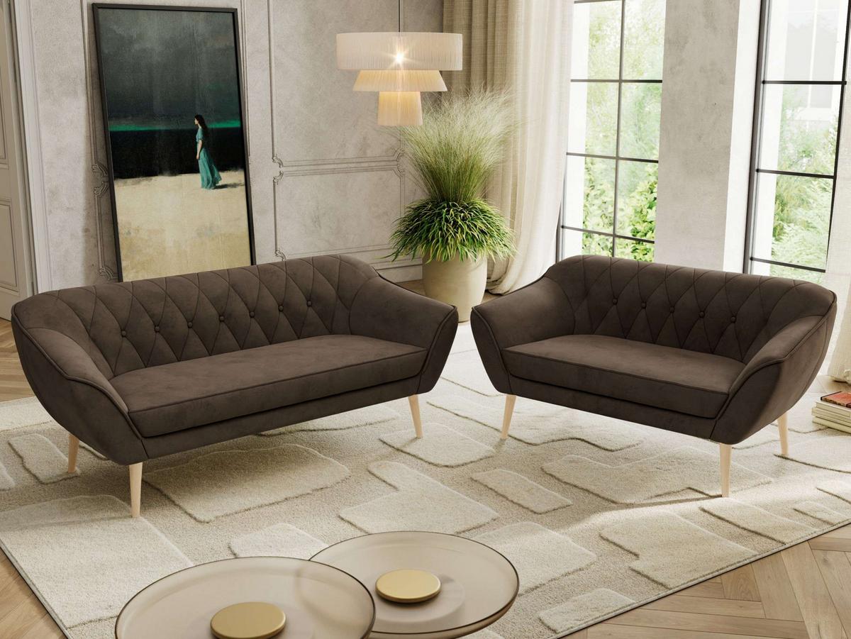 SITZGARNITUR PIRS 3+2 - Braun Velvet - Holzbeine - Dunkelbraun/Buchefarben, Holzwerkstoff/Textil (180/75/74cm) - MKS