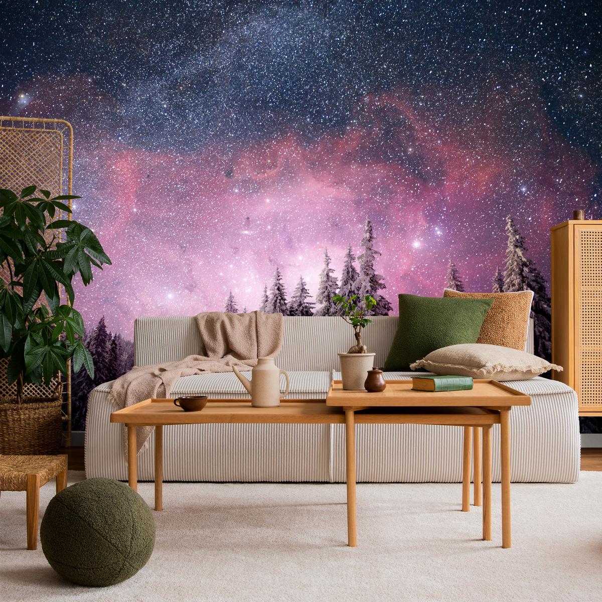 FOTOTAPETE für Schlafzimmer Verzauberter Tannenwald Winter Aurora 350x256 - Violett/Schwarz, Papier (350/256cm) - Muralo