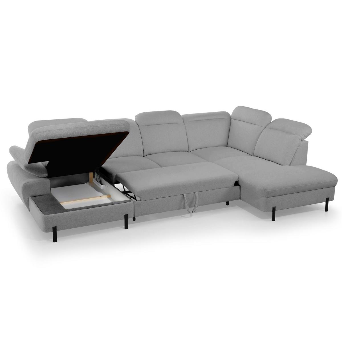 WOHNLANDSCHAFT Sora U mit Schlaffunktion und verstellbarer Sitztiefe, Kopfstützen und Armlehne, 365 cm, Grau, Links - Schwarz/Grau, Textil (365/107/235cm) - Beautysofa