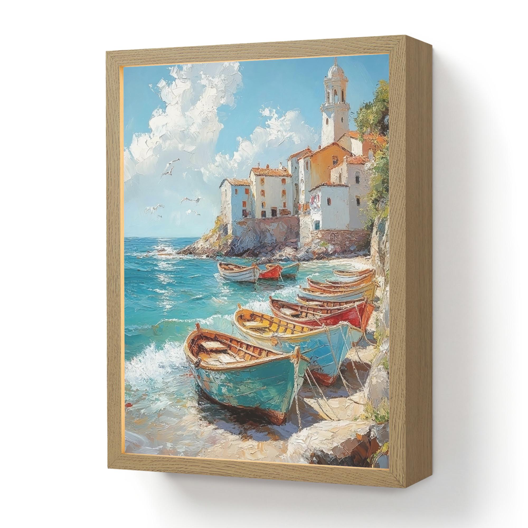 WANDLEUCHTE MIT AKKU Boote - Felsen - Meer - Sonne 30x40 cm - Blau, Holzwerkstoff (30/40/8cm) - OnlyWow