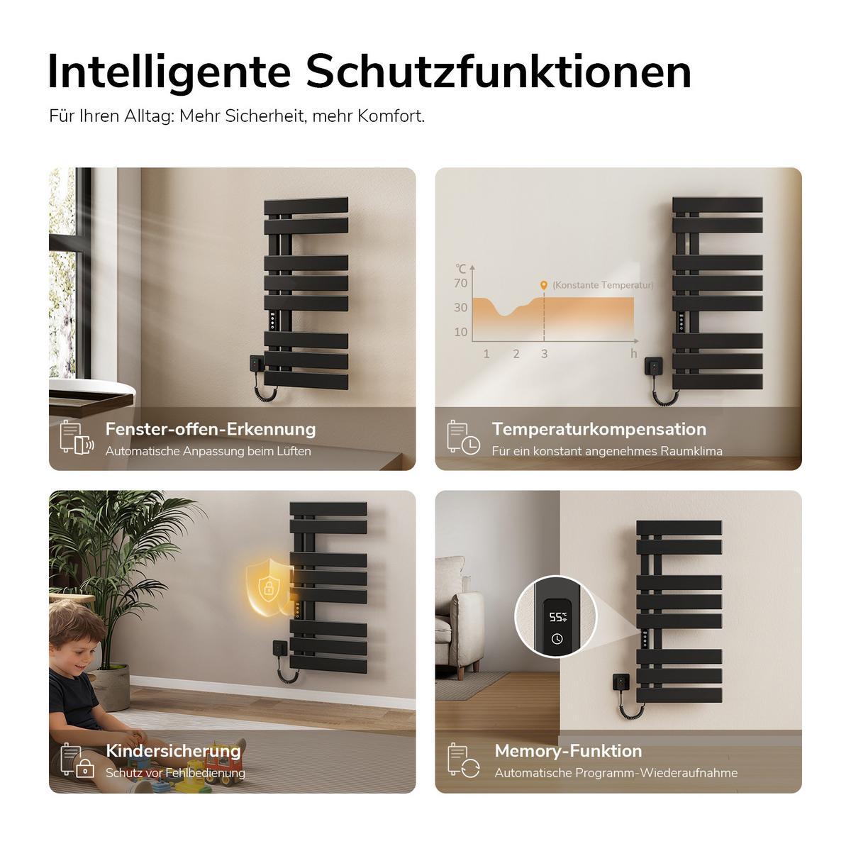 HEIZKÖRPER Elektrisch 80 x 40 cm mit App- und Sprachsteuerung Schwarz - Schwarz, Metall (40/85/11cm) - EMKE