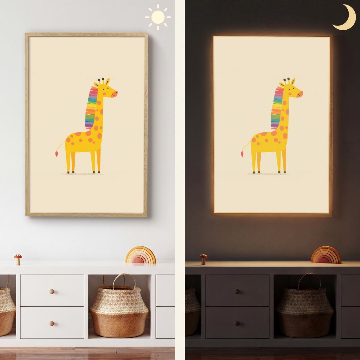 WANDLEUCHTE MIT AKKU Giraffe - Regenbogenmähne - Beige 70x100 cm - Beige, Holzwerkstoff (70/100/8cm) - OnlyWow