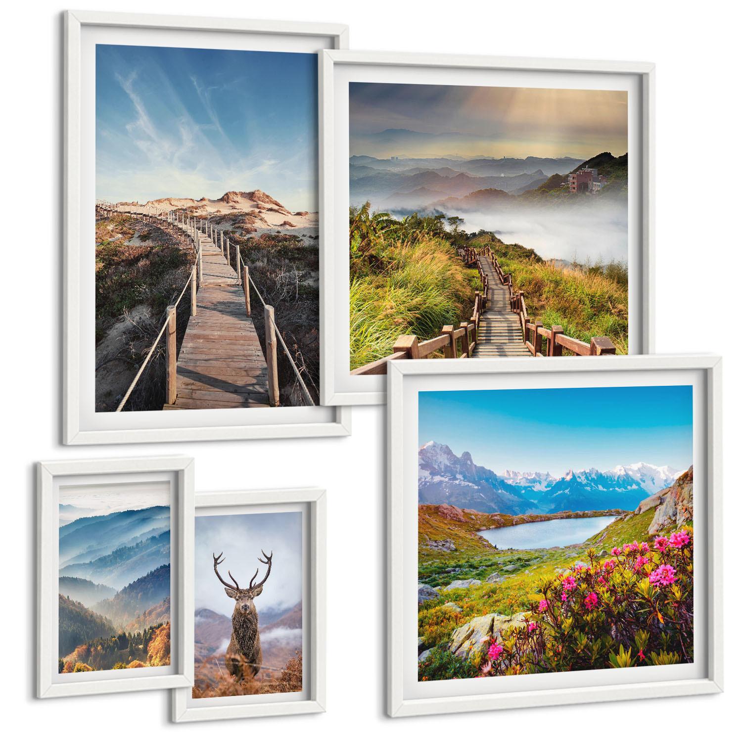 BILDER SET 5er Set - 50x50 cm & 20x30 cm & 40x60 cm Weißer Rahmen - Berglandschaft, See, Hirsche - Weiß, Kunststoff (40/60cm) - TULUP