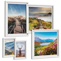 BILDER SET 5er Set - 50x50 cm & 20x30 cm & 40x60 cm Weißer Rahmen - Berglandschaft, See, Hirsche - Weiß, Kunststoff (40/60cm) - TULUP