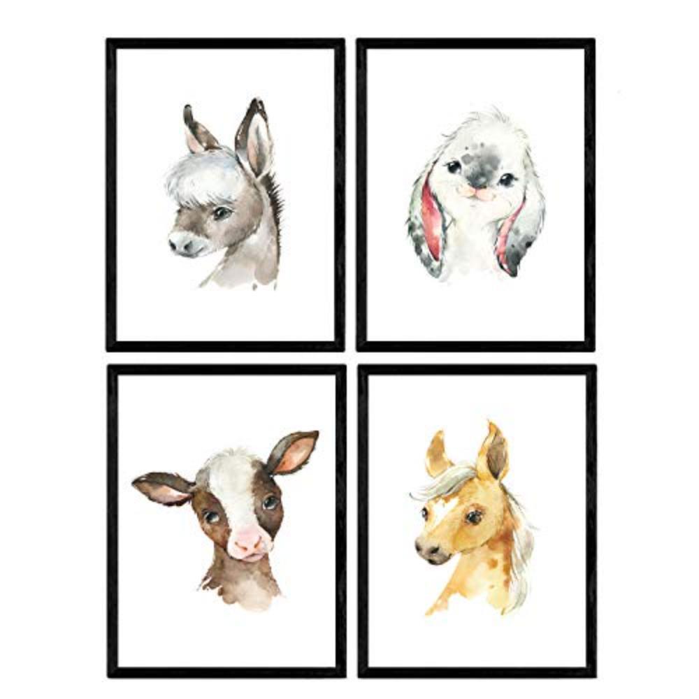 POSTER Set mit 4 Burro Horse Cow und Kaninchen A4 Schwarzer Rahmen - Schwarz, Papier (29.7/3cm) - Nacnic