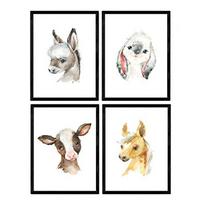 POSTER Set mit 4 Burro Horse Cow und Kaninchen A4 Schwarzer Rahmen - Schwarz, Papier (29.7/3cm) - Nacnic