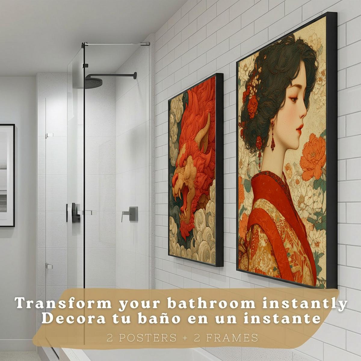 POSTER 2er-Set dekorative Badezimmer-Kunstdrucke, im japanischen Stil für Wand, Toilette mit orientalischem Drachen und Frau Schwarzer Rahmen A3 - Schwarz, Papier (42/29.7/3cm) - Nacnic