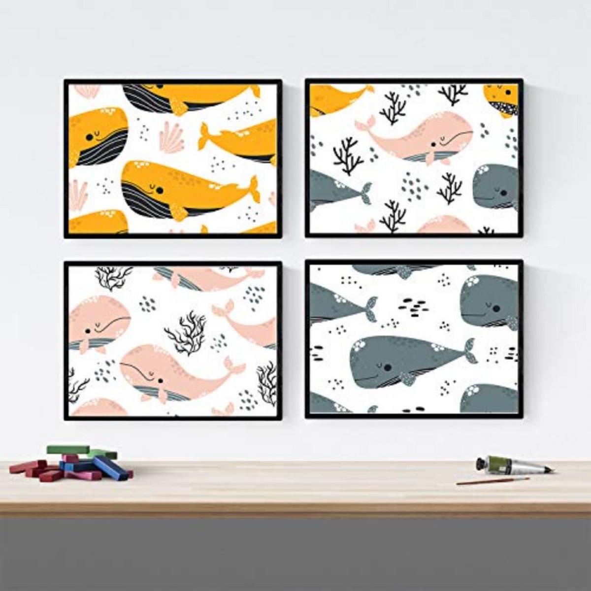 POSTER Set mit 4 Orange graue rosa Wale A3 Schwarzer Rahmen - Schwarz, Papier (29.7/3cm) - Nacnic