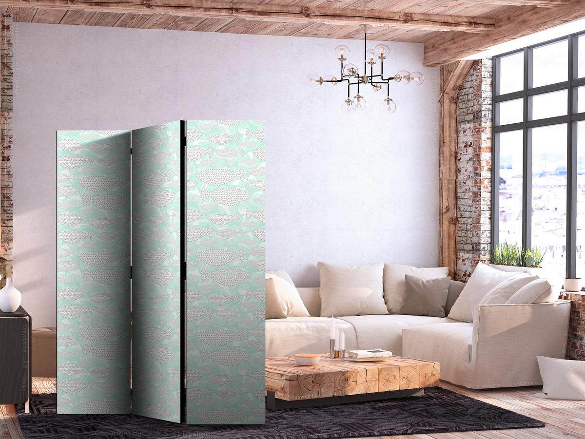 PARAVENT Beidseitig Bedruckter 3-tlg 135x172 cm Abstrakte Fische Boho - Grün, Holz/Textil (135/172/3cm) - Muralo