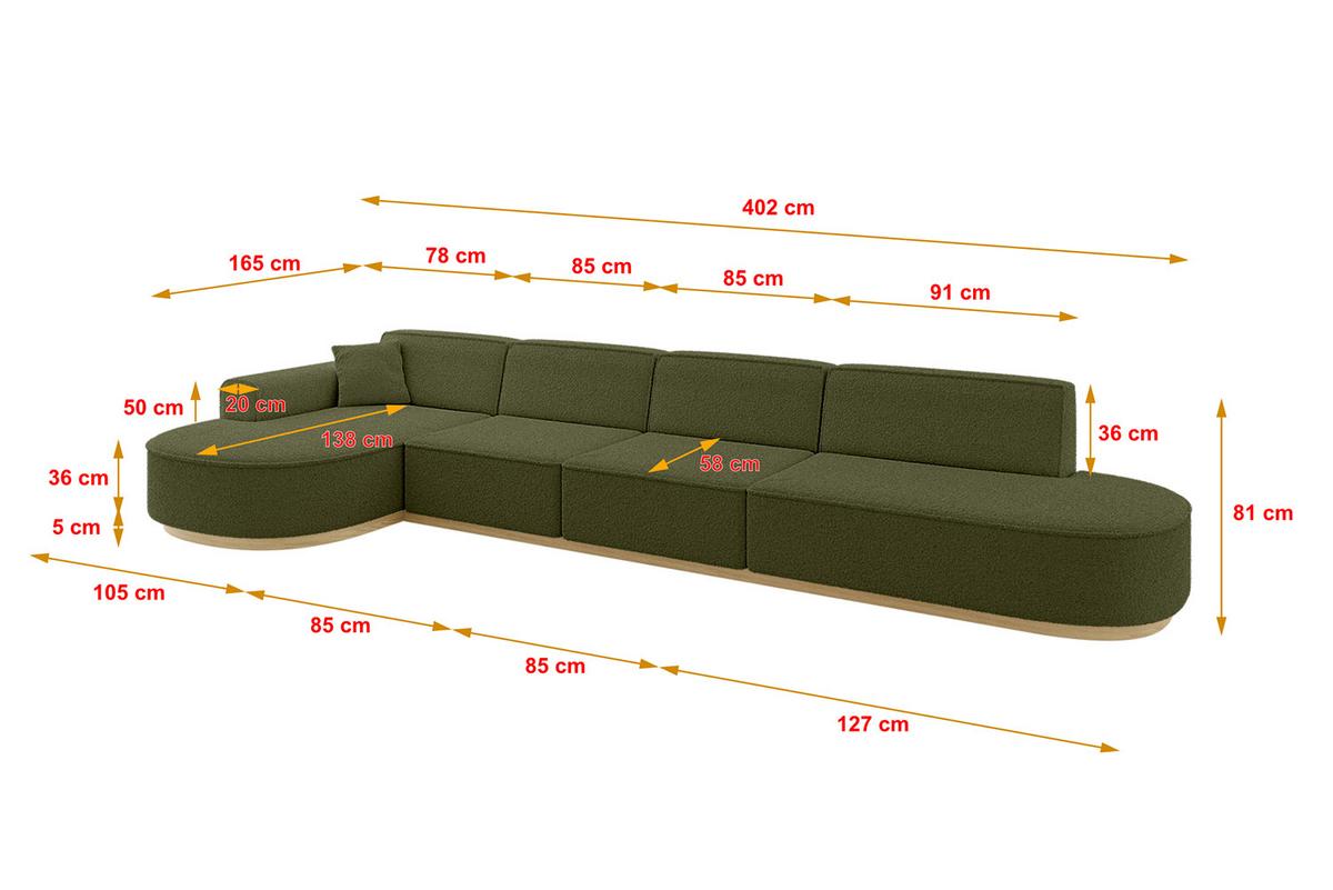 ECKSOFA Ottomane Links MARI-L3-v2 - 413x171x83 cm Grün Bouclé - Grün, Holzwerkstoff/Textil (413/171cm) - ALTDECOR