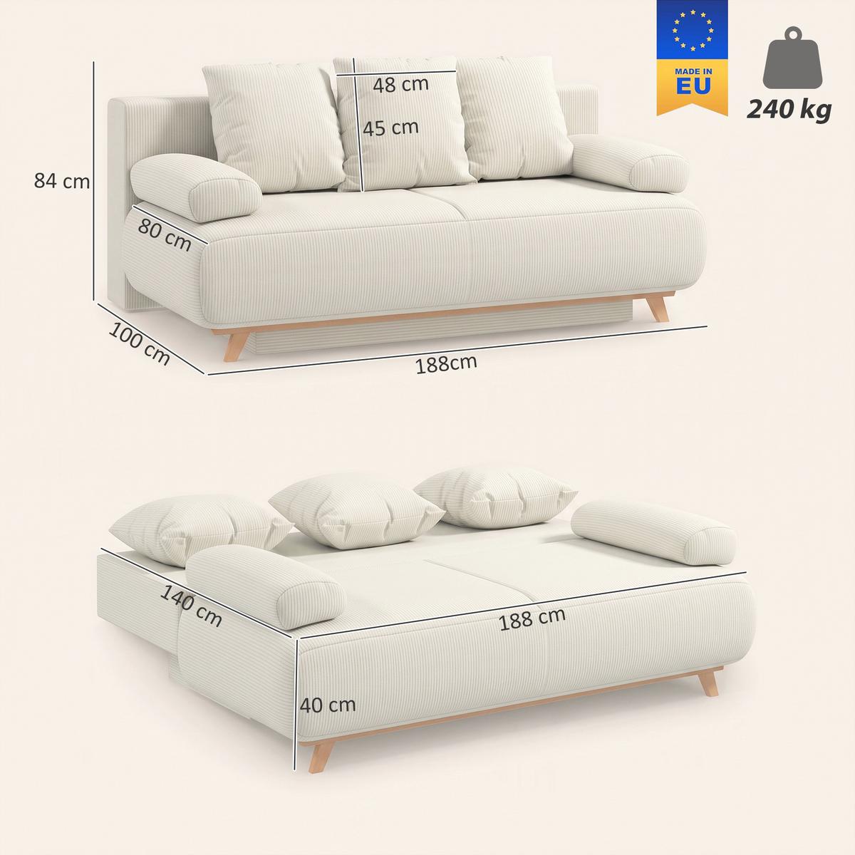 SCHLAFSOFA Cord Beige - Beige, Kunststoff/Textil (100/84/188cm) - HOMCOM