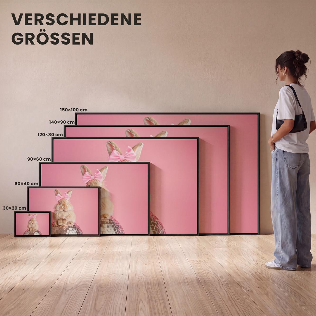 LEINWAND Bilder mit Rahmen - Schleife - Discoball - Kaninchen - 150x100 - Pink, Textil (150/100cm) - MuchoWow