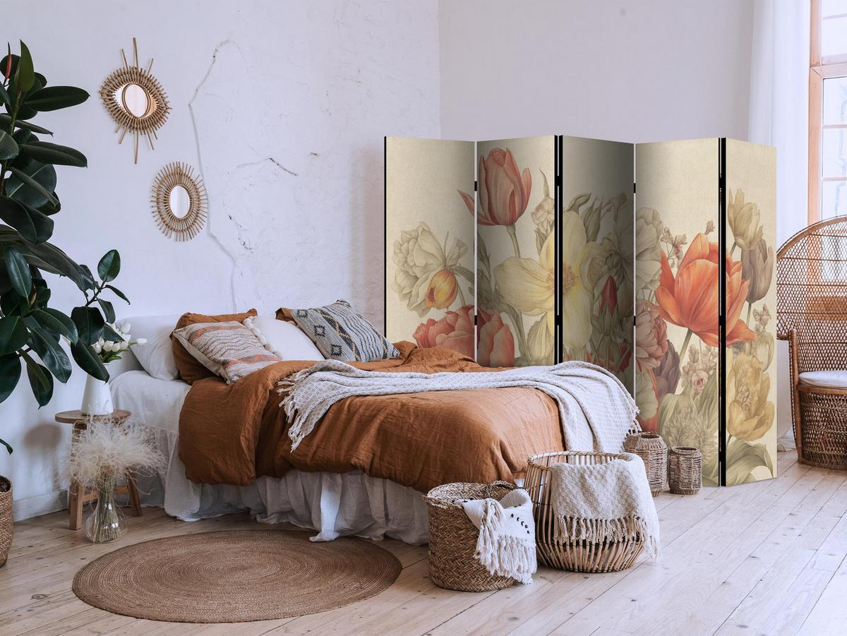 PARAVENT Beidseitig Bedruckter 5-tlg 225x172 cm Retro Tulpen - Multicolor, Holz/Textil (225/172/3cm) - Muralo