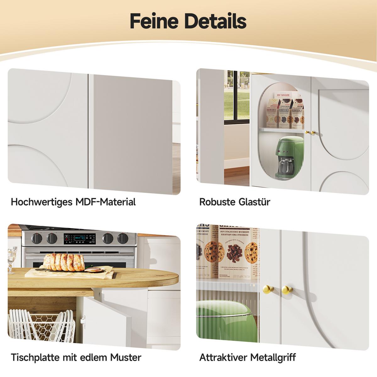BARTISCH mit Stauraum Weiß Holzoptik 204 cm drehbar - Weiß, Glas/Holzwerkstoff (73/138/93cm) - Urban Meuble