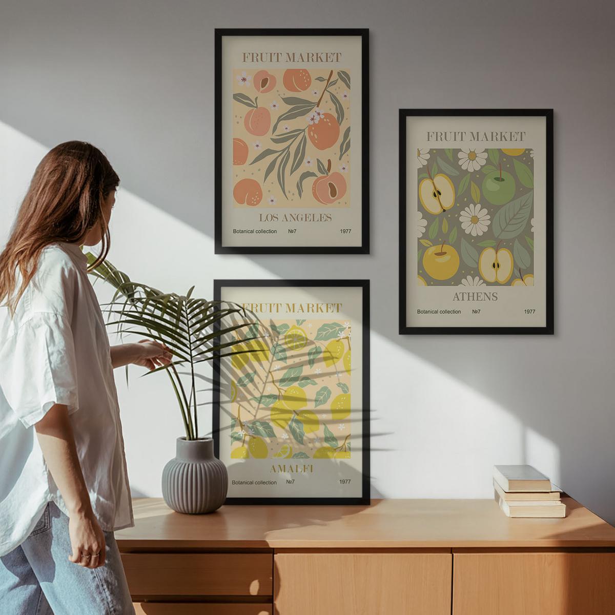 BILDER SET 3er Set - 40x60 cm Schwarzer Rahmen - Retro-Poster mit Fruchtmustern - Schwarz, Kunststoff (40/60cm) - TULUP