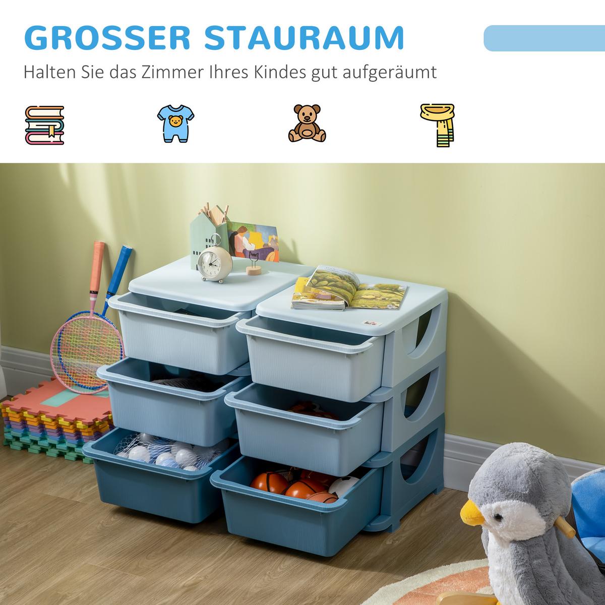 SCHUBLADENSCHRANK für Kinder Aufbewahrungsboxen mit 6 Ebenen Kindermöbel Blau - Blau, Kunststoff (37/56.5/75cm) - HOMCOM